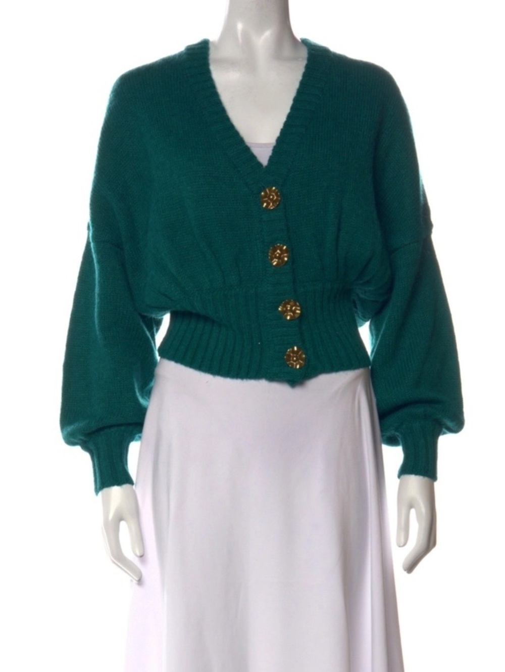 Farm Rio Emerald Green Mohair Wool Blend Cardigan bubble gold floral button M